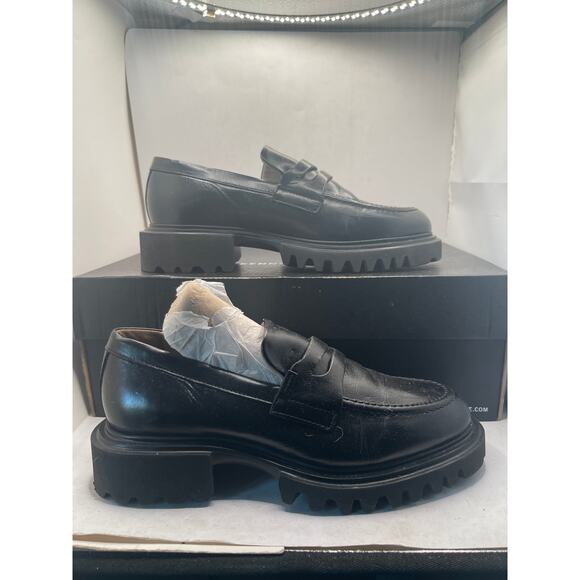 AllSaints Lola WF0052Z Penny Loafers Women 8 Black Leather Slip On Shoes WF0052Z - Picture 1 of 10